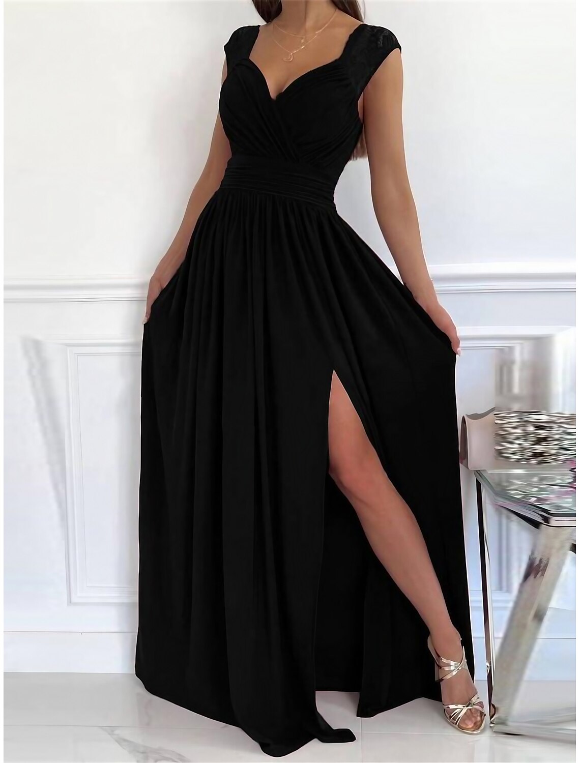 Women's Black Dress Prom Dress Party Dress Lace Ruched V Neck Sleeveless Wedding Guest Black Pink Spring Fall
