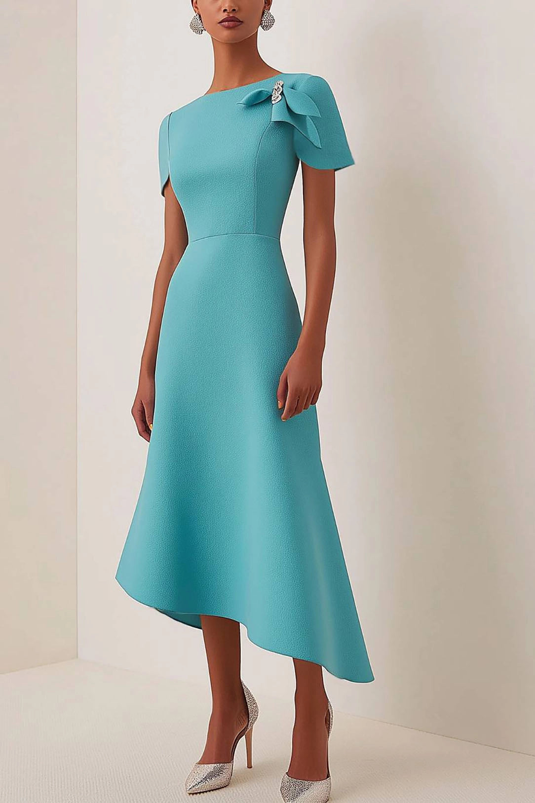 Simple beautiful generous and full of charm Prom Dress Wedding Guest Cyan Dress Asymmetrical Petal Sleeve Drape Midi Dress