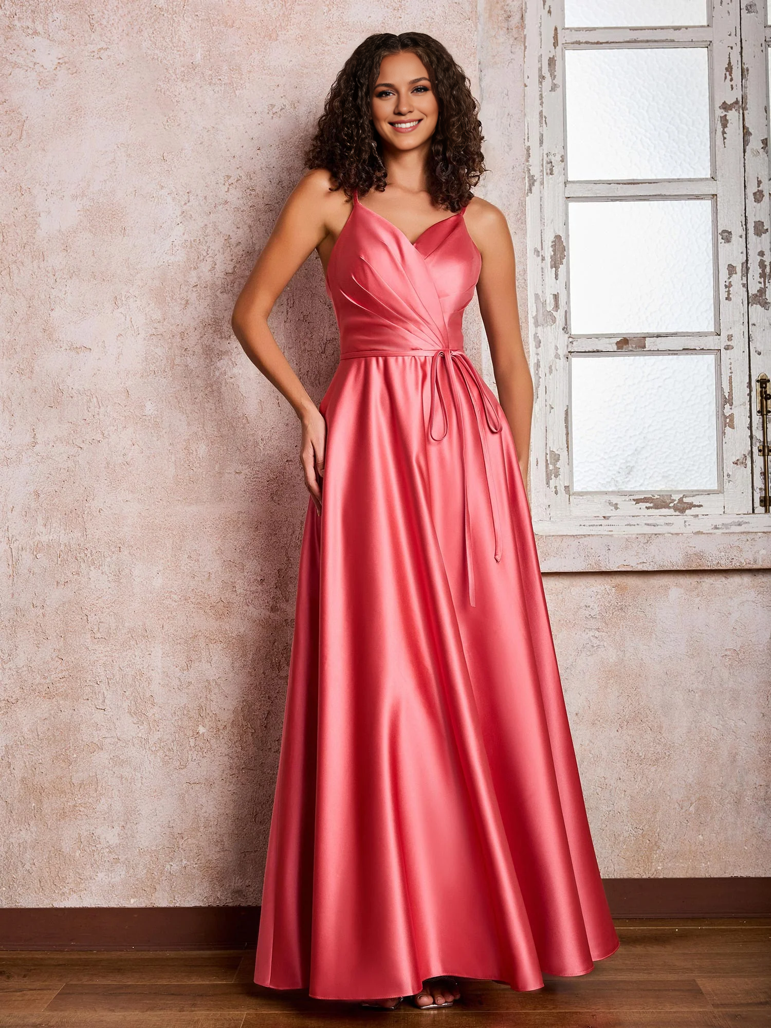 Princess Spaghetti Straps Maxi Satin Dresses with Pockets Watermelon Simple gentle atmospheric and unique design