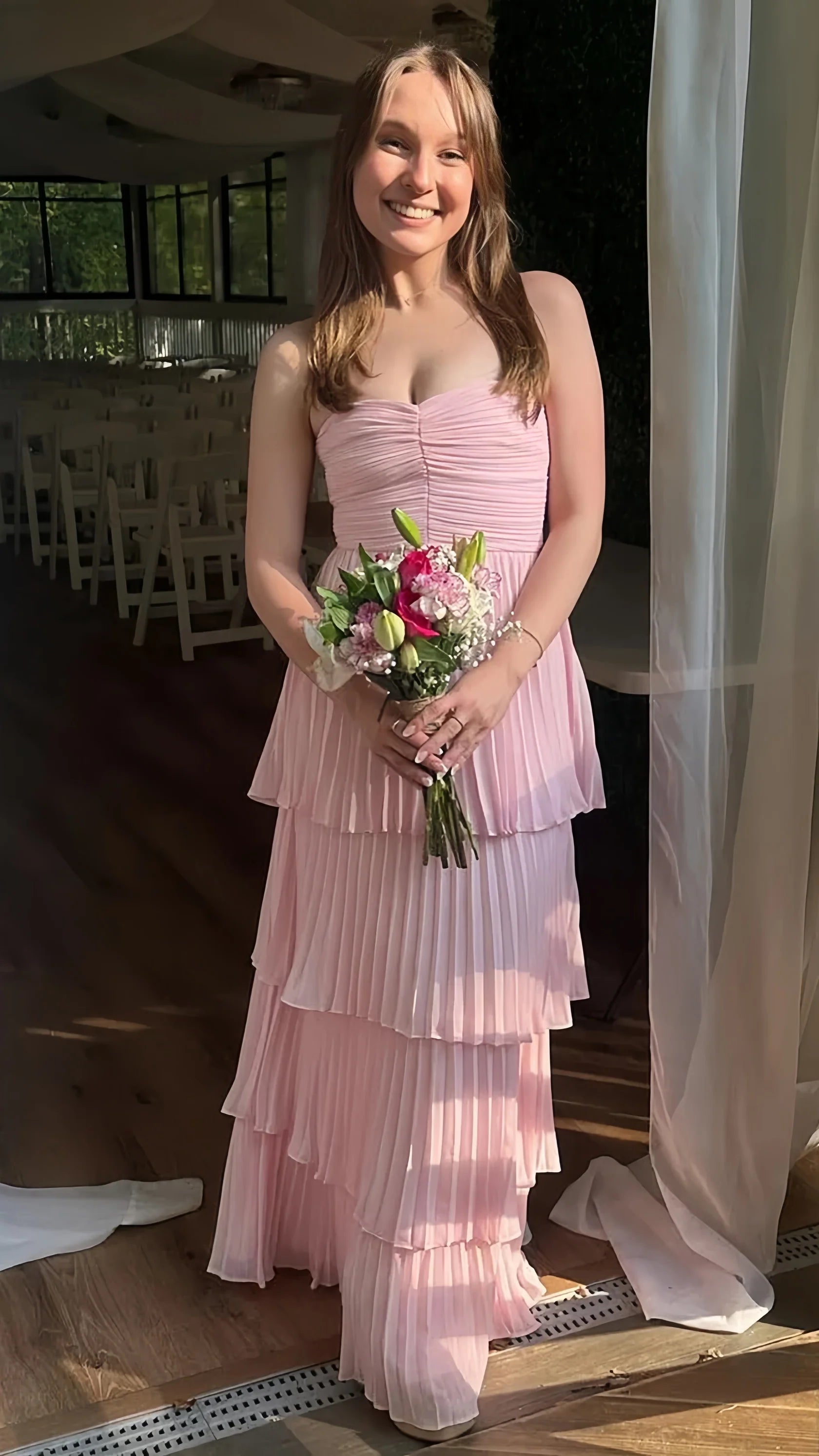 Sexy Mermaid Beautiful elegant and unique design Prom Dress Strapless Pink Ruffle Long Prom Dress