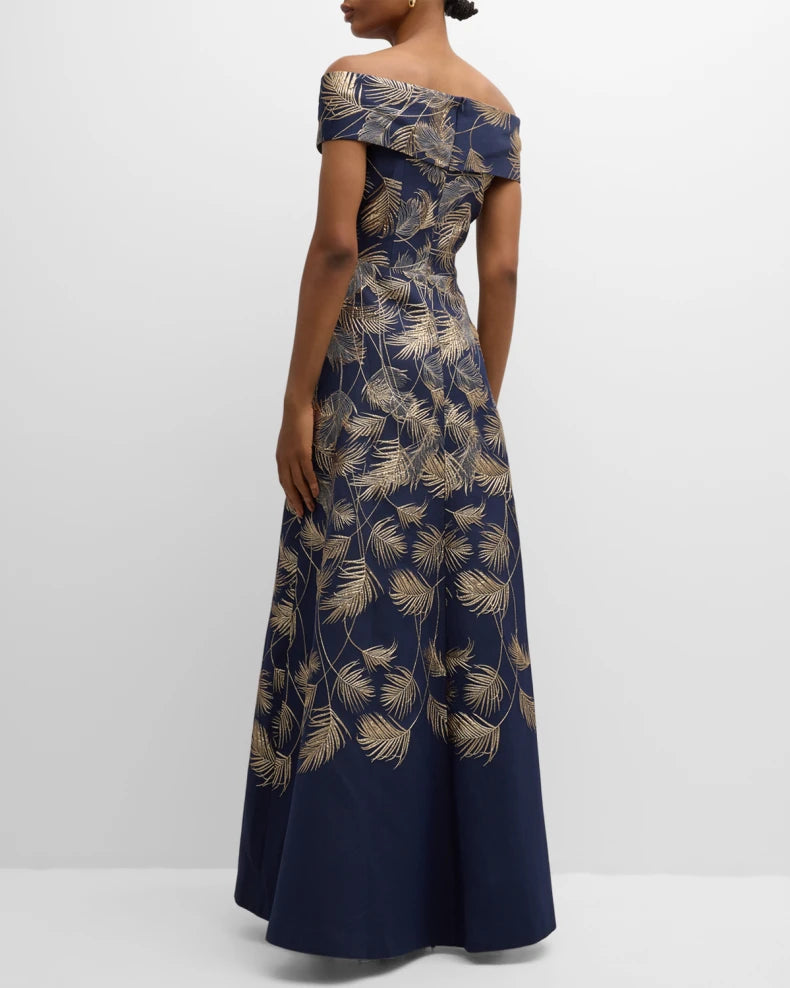 Off-Shoulder Metallic Jacquard Gown Beautiful and charming simple and unique design