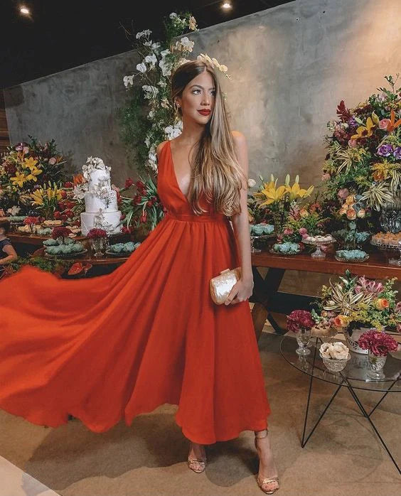 A line red prom dress simple evening dress