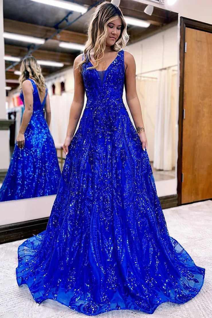 Cute A Line V Neck Royal Blue Sequins Lace Prom Dresses
