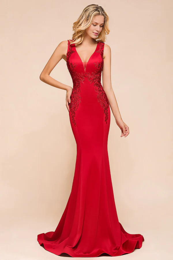 Gorgeous Red Mermaid V-Neck Prom Dress Long With Lace Appliques Simple gentle atmospheric and unique design