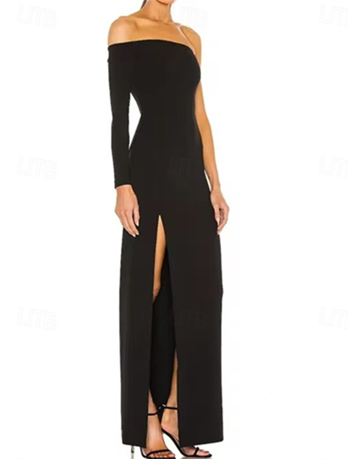 Sheath / Column Evening Gown Elegant Dress Formal Wedding Guest Floor Length Long Sleeve One Shoulder Wednesday Addams Family Cotton Blend Backless with Fringe Slit