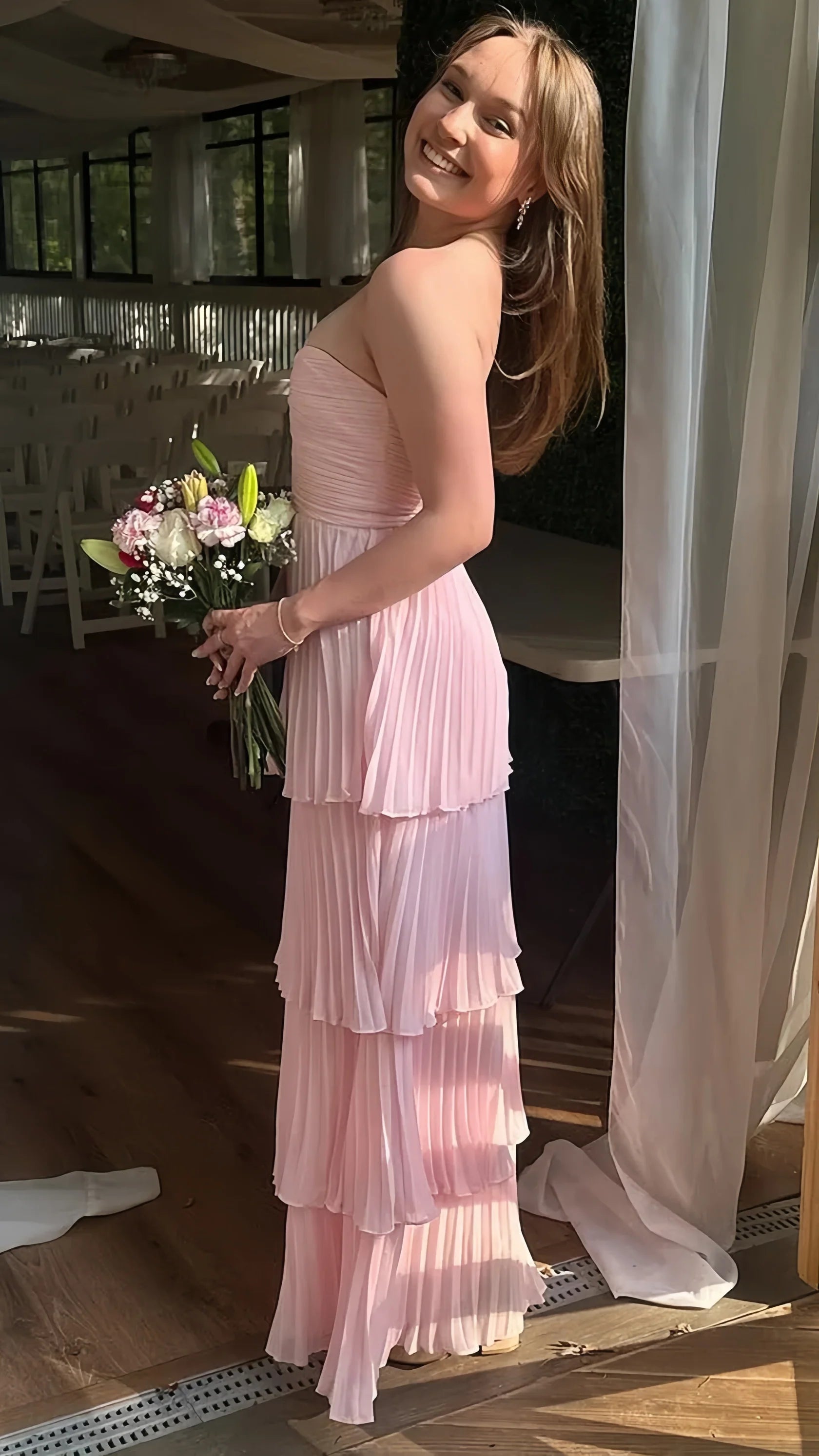 Sexy Mermaid Beautiful elegant and unique design Prom Dress Strapless Pink Ruffle Long Prom Dress