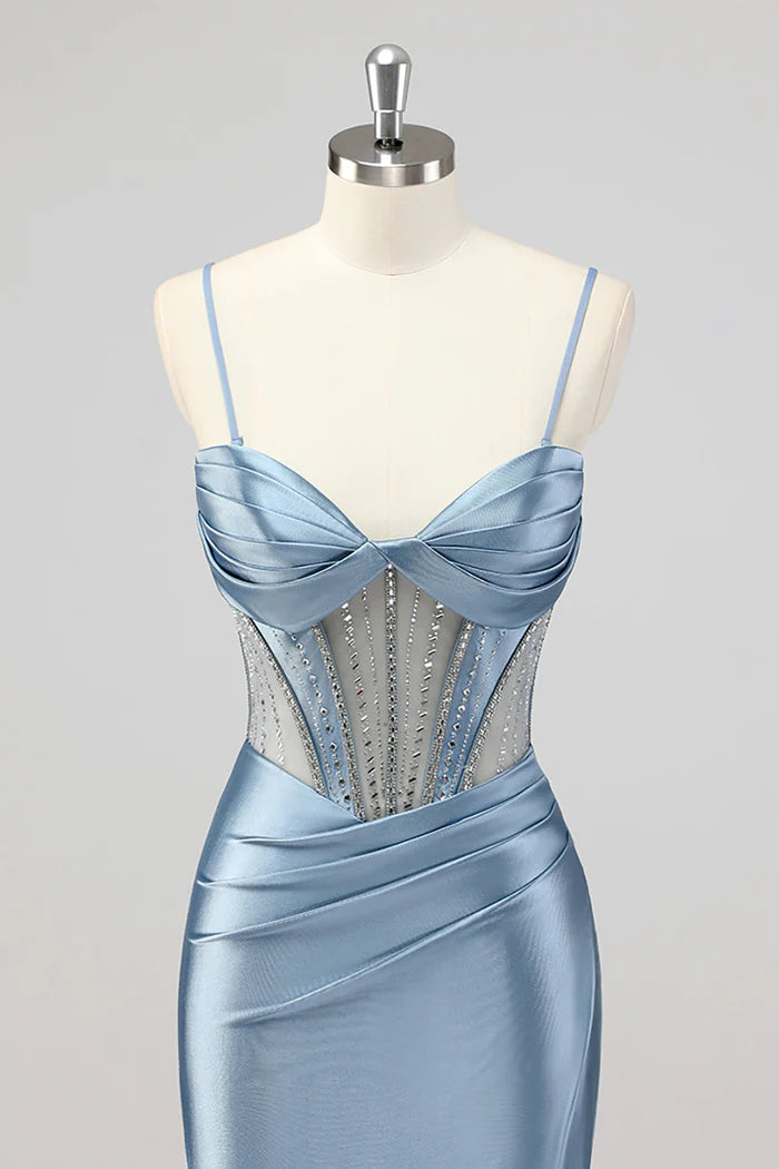 Mermaid Grey Blue Corset Beaded Prom Dress with Slit