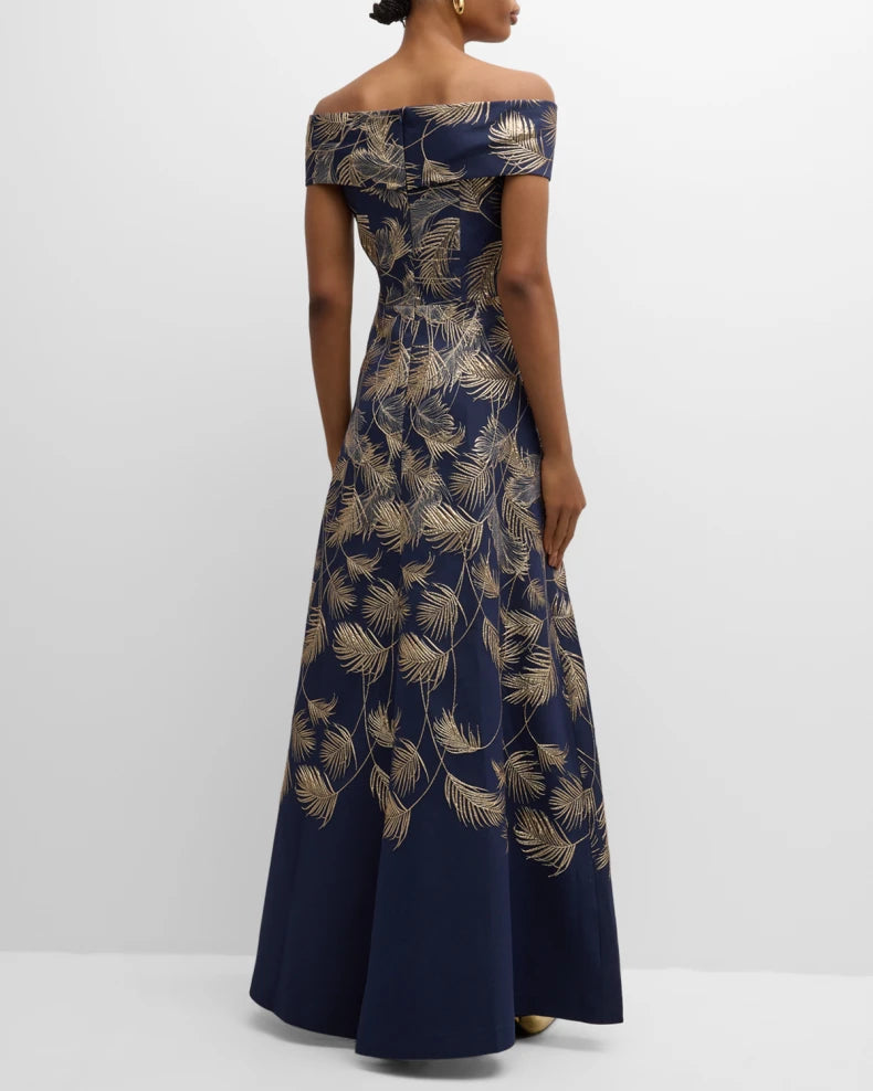 Off-Shoulder Metallic Jacquard Gown Beautiful and charming simple and unique design