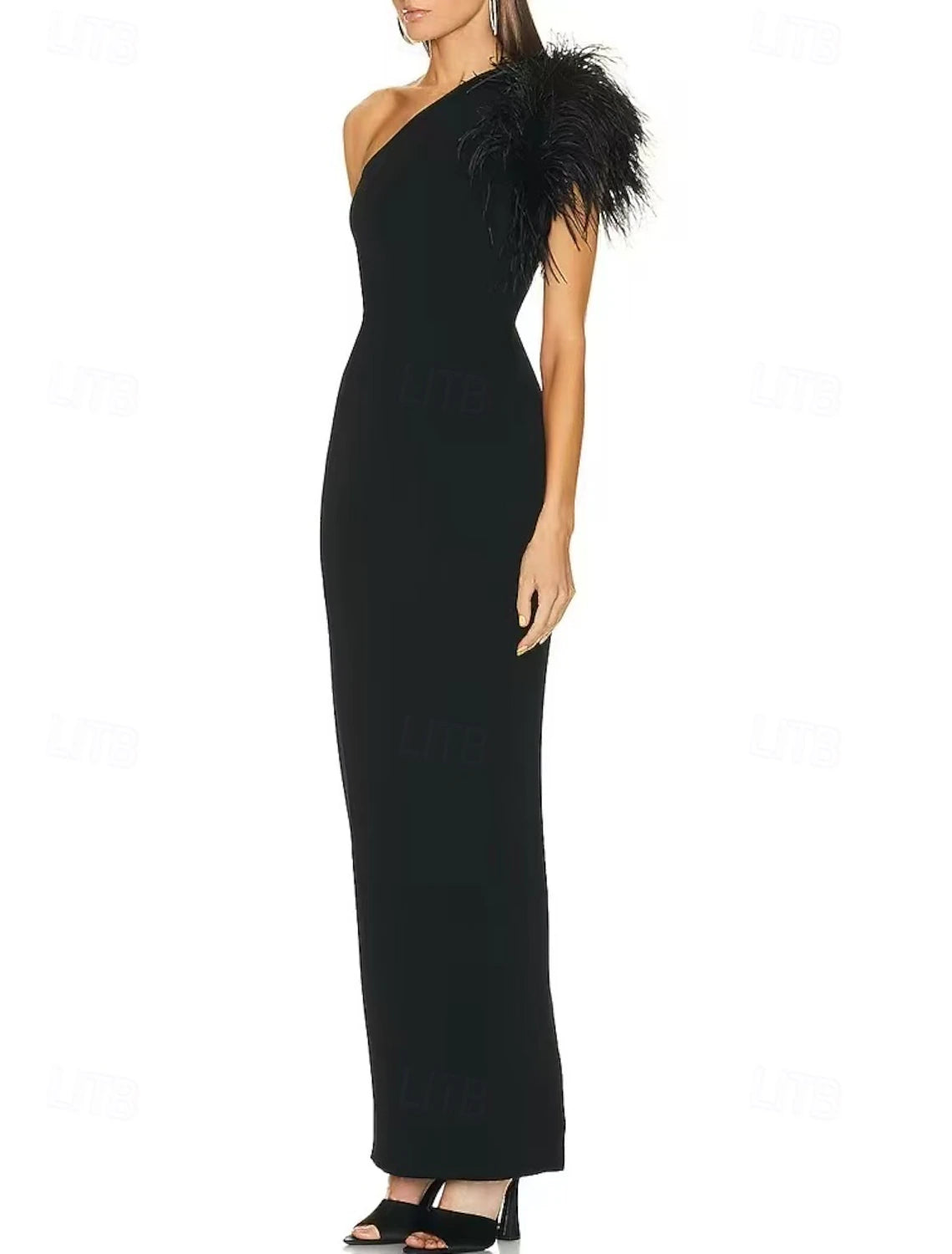 Sheath / Column Evening Gown Elegant Dress Evening Party Black Tie Gala Ankle Length Sleeveless One Shoulder Wednesday Addams Family Cotton Blend Backless with Feather Slit