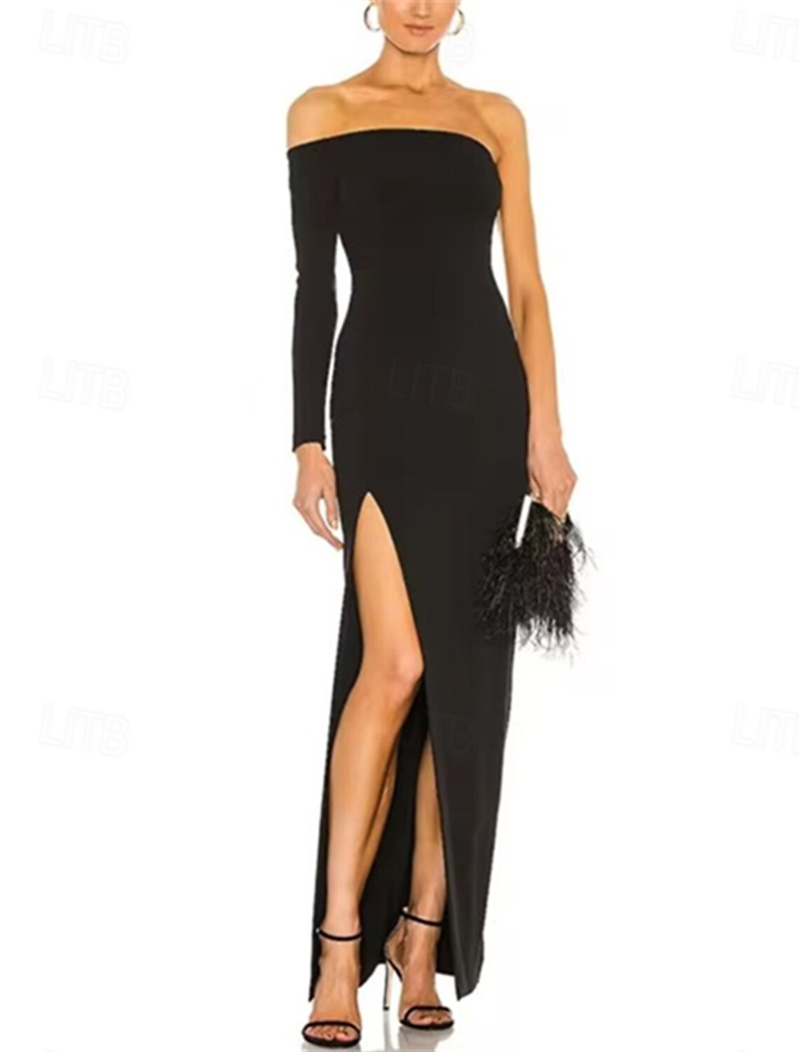 Sheath / Column Evening Gown Elegant Dress Formal Wedding Guest Floor Length Long Sleeve One Shoulder Wednesday Addams Family Cotton Blend Backless with Fringe Slit