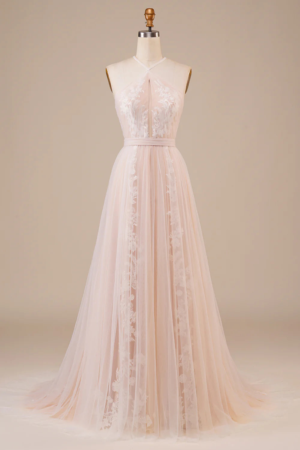 A Line Halter Sweep Train Tulle Wedding Dress with Lace