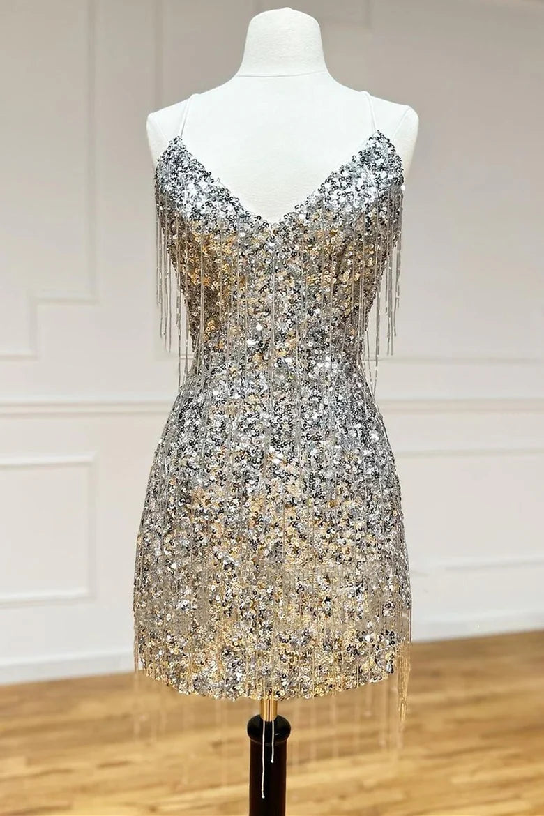Silver Sequin V-Neck Cocktail Dress with Fringes