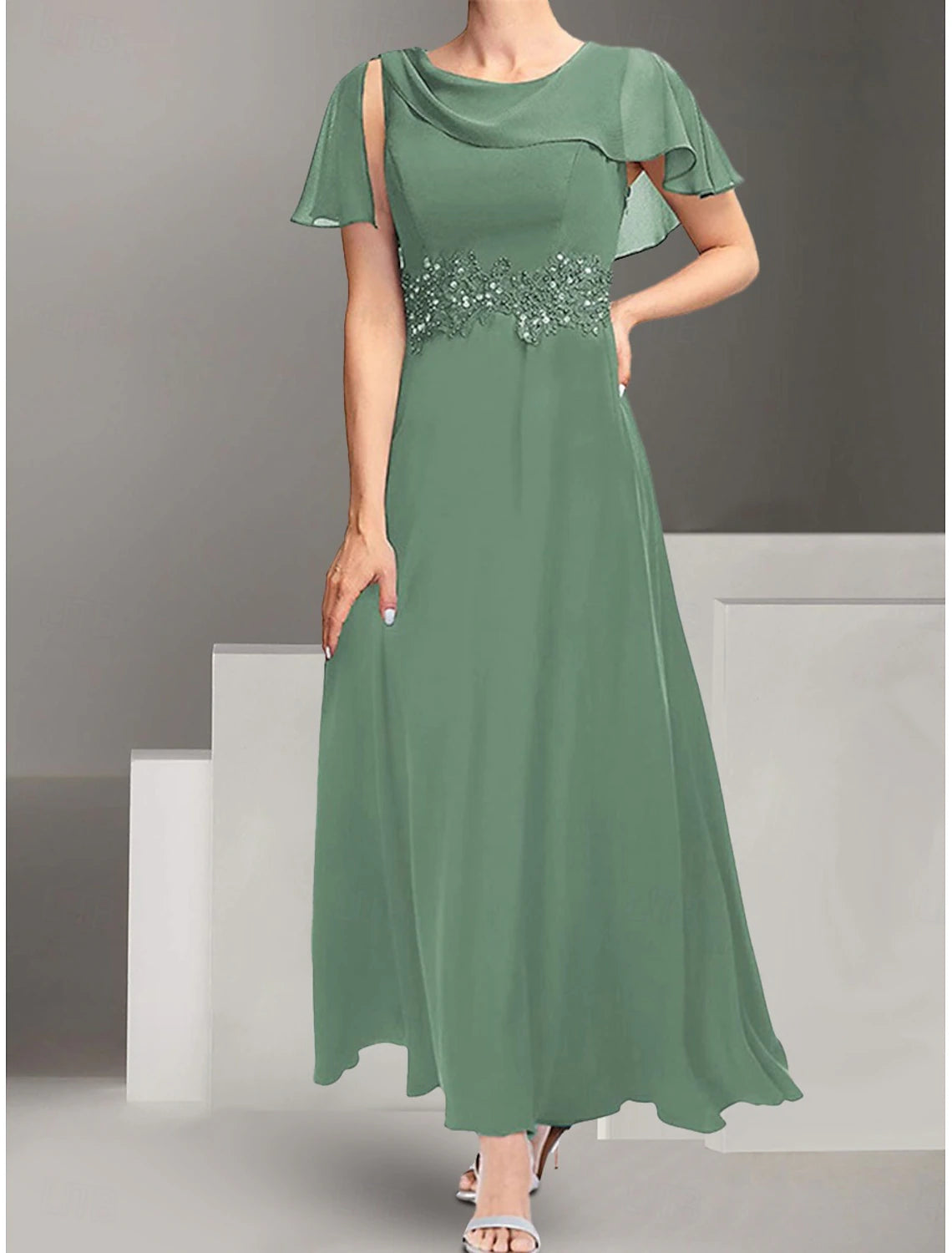 Dress Mother of the Bride Dress Elegant Simple Crew Neck Ankle Length Polyester Short Sleeve with Lace Solid Color