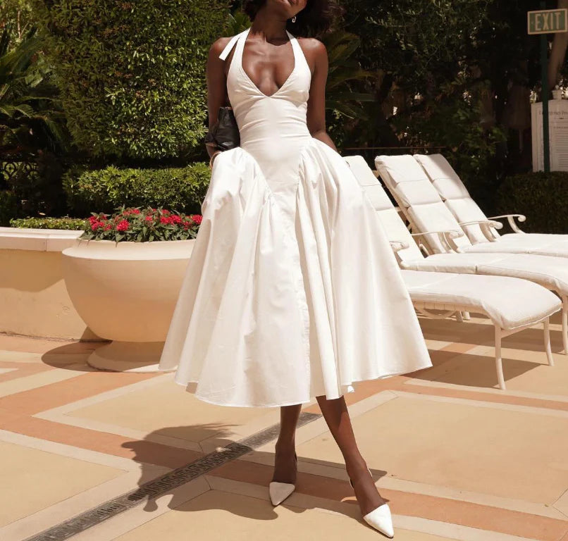 A line White Evening Dresses Halter Prom Party Gown