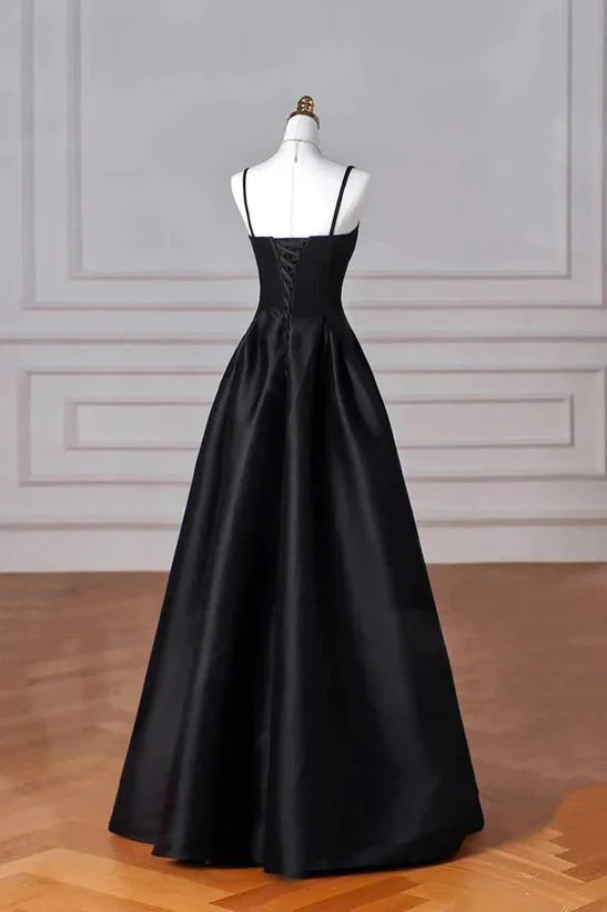 Elegant Black A Line Satin Long Prom Dress Formal Evening Dress