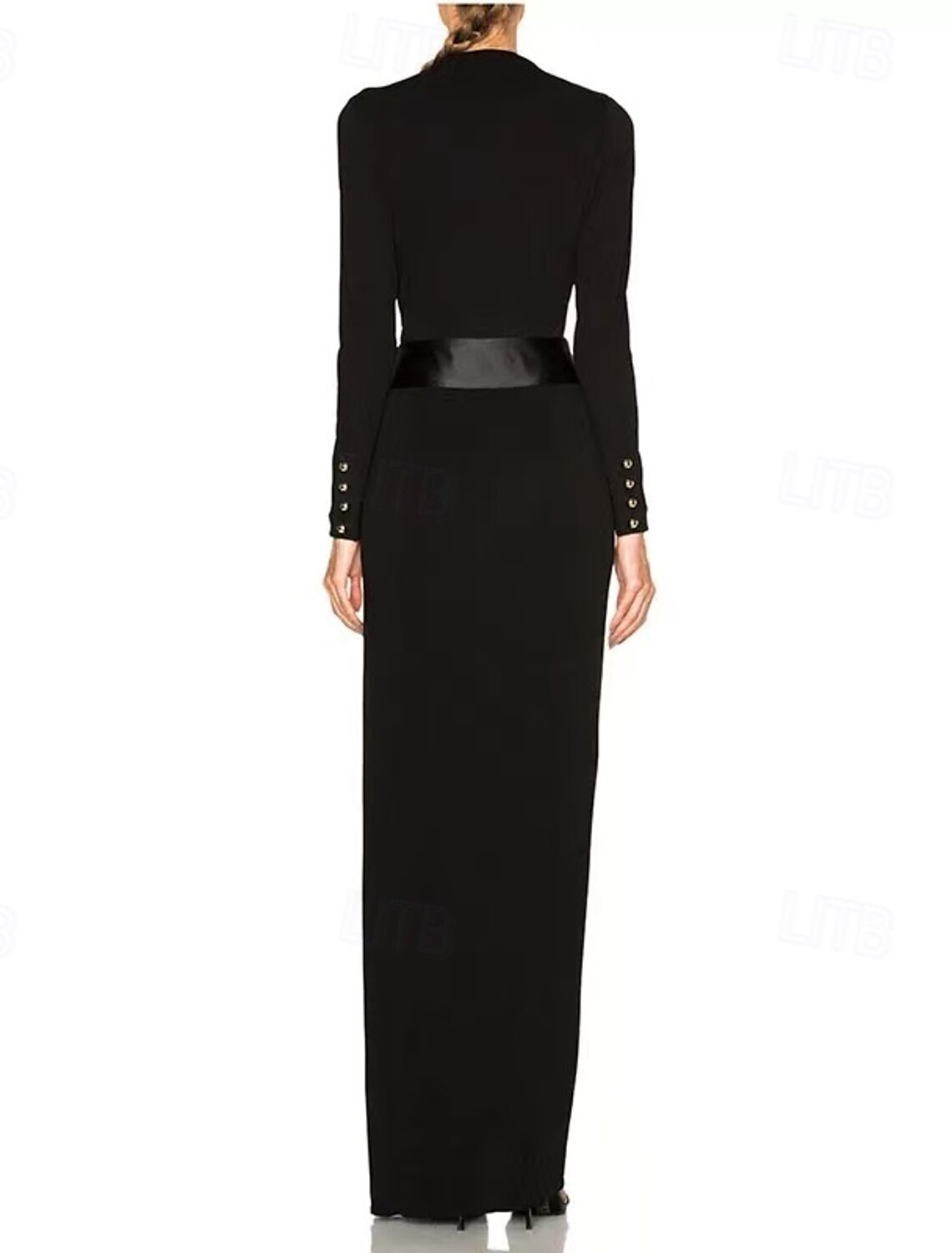 Sheath / Column Evening Gown Party Dress Evening Party Black Tie Gala Floor Length Long Sleeve V Neck Belt / Sash Cotton Blend Backless with Pleats Ruched Slit