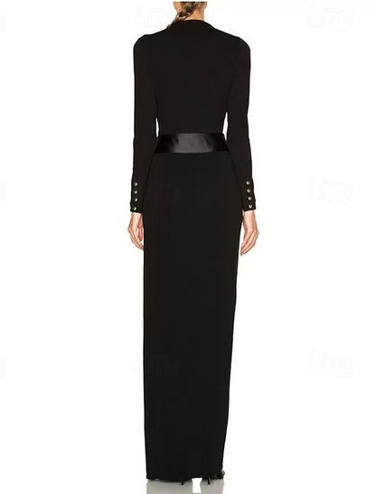 Sheath / Column Evening Gown Party Dress Evening Party Black Tie Gala Floor Length Long Sleeve V Neck Belt / Sash Cotton Blend Backless with Pleats Ruched Slit