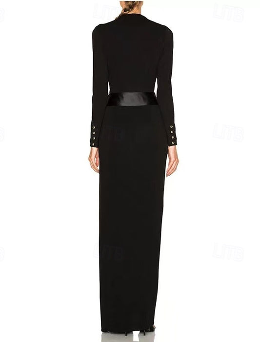 Sheath / Column Evening Gown Party Dress Evening Party Black Tie Gala Floor Length Long Sleeve V Neck Belt / Sash Cotton Blend Backless with Pleats Ruched Slit