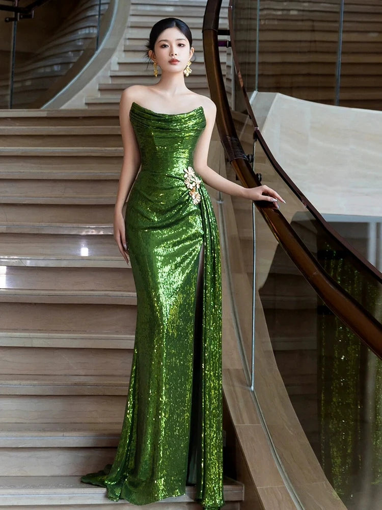 Green Sequin Mermaid Long Prom Dress Sexy Evening Dresses