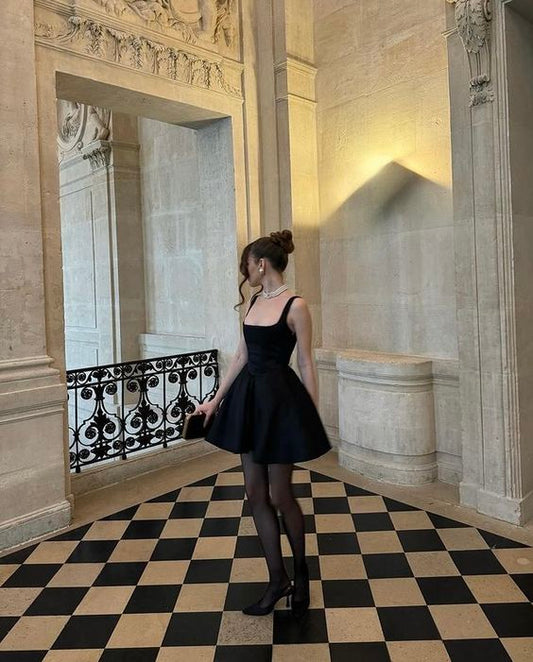 black mini wedding dress evening dress square neck above knee Party