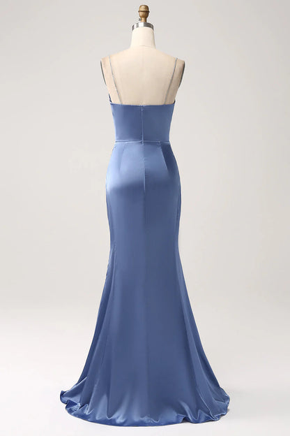 Grey Blue Mermaid Spaghetti Straps Cut Out Satin Long Prom Dress
