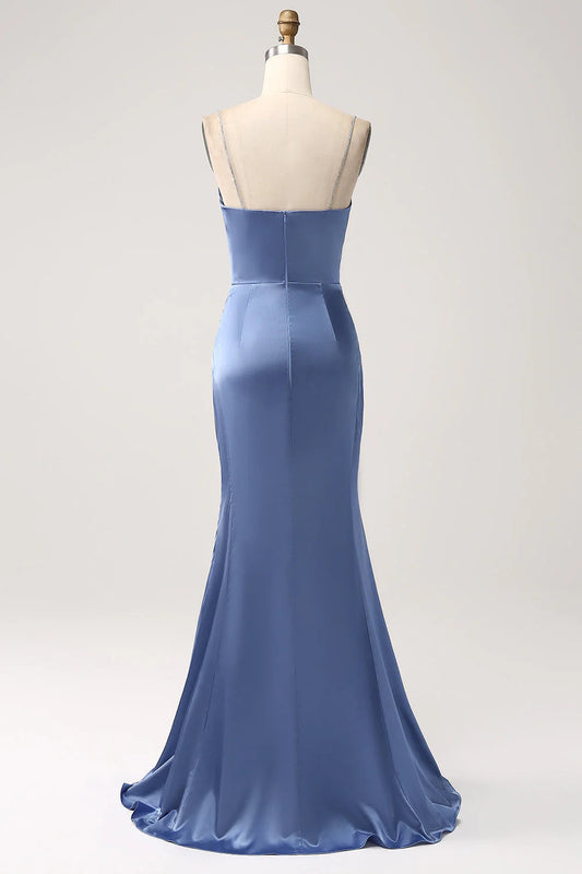 Grey Blue Mermaid Spaghetti Straps Cut Out Satin Long Prom Dress