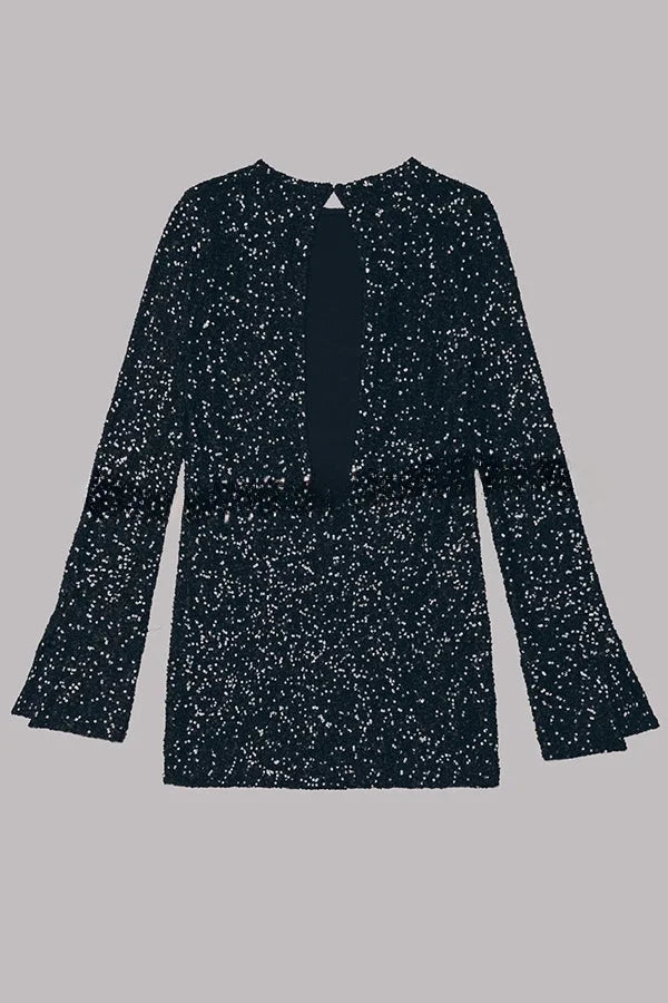 Flash Focus Sequin Extra Long Slit Sleeves Open Back Mini Dress Simple atmospheric beautiful and unique desi
