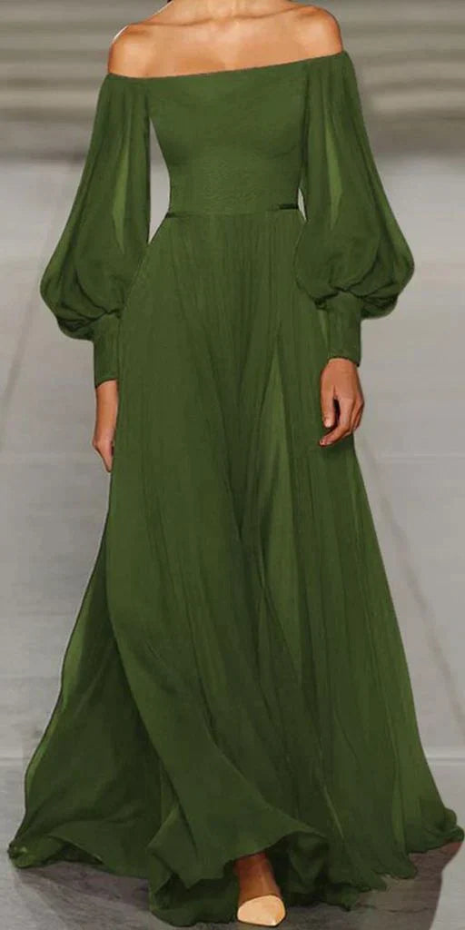 Elegant Sexy Strapless Tube Top Solid Color Lantern Sleeve Chiffon Dress