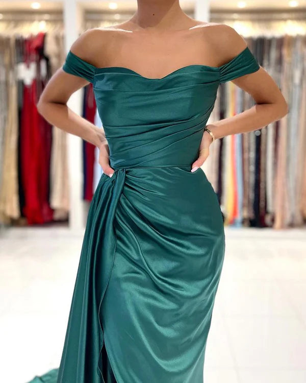 Off-the-Shoulder Dark Green Prom Dress Mermaid With Slit imple gentle atmospheric and unique design  ﻿