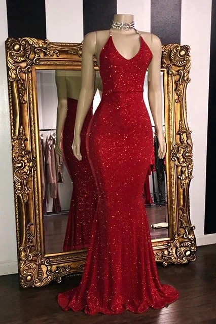 Broner Shining Red Sequins Halter Spaghetti Strap Sleeveless Long Mermaid Prom Dress