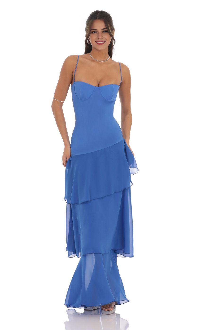 Long Ruffle Maxi Dress in Blue Simple gentle beautiful and unique design