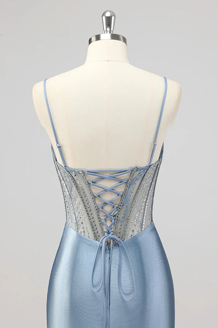Mermaid Grey Blue Corset Beaded Prom Dress with Slit