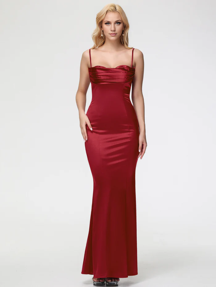 Prom Dress Burgundy Dresses Trumpet/Mermaid Spaghetti Straps Sleeveless Stretch Satin Prom Dresses