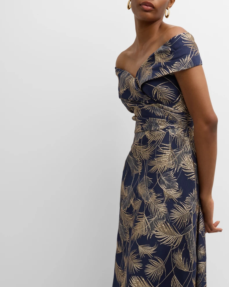 Off-Shoulder Metallic Jacquard Gown Beautiful and charming simple and unique design