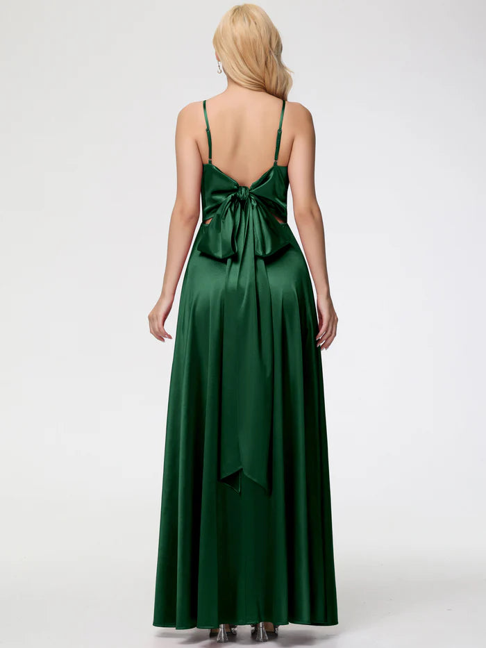 Dark Green Prom Dresses A-Line V-Neck Spaghetti Straps Sleeveless Stretch Satin Prom Dresses