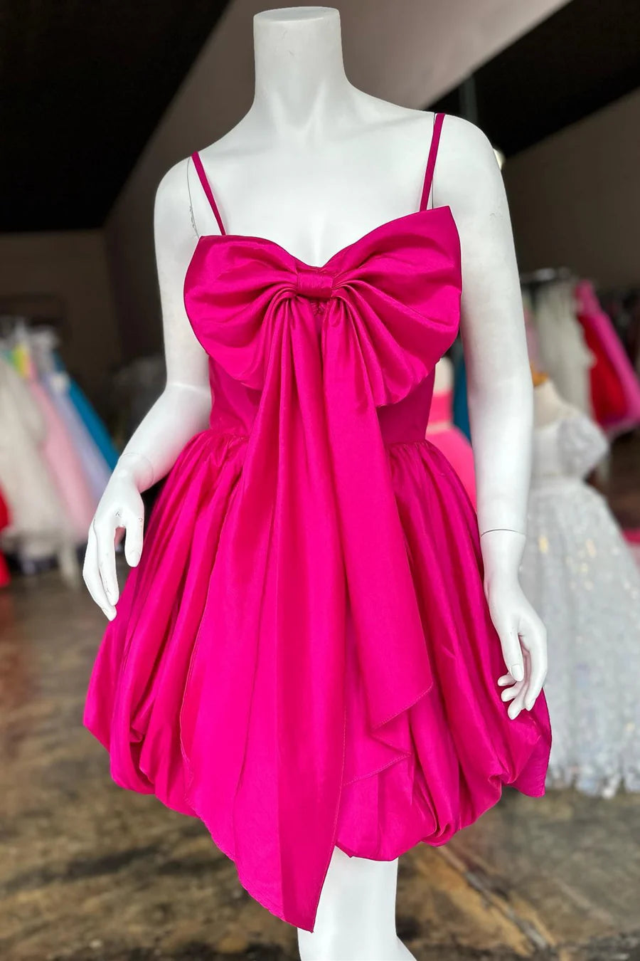 Fuchsia Spaghetti Strap Bow-Front A-Line Short Party Dress Short Homecoming Dress
