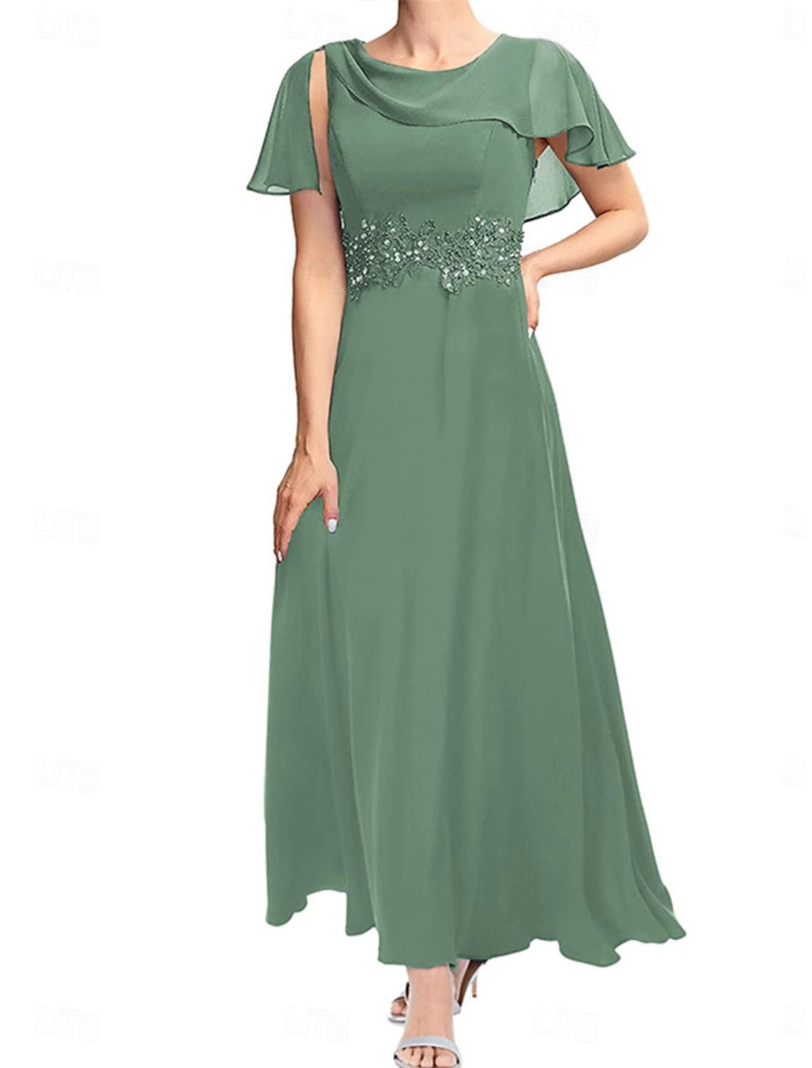 Dress Mother of the Bride Dress Elegant Simple Crew Neck Ankle Length Polyester Short Sleeve with Lace Solid Color