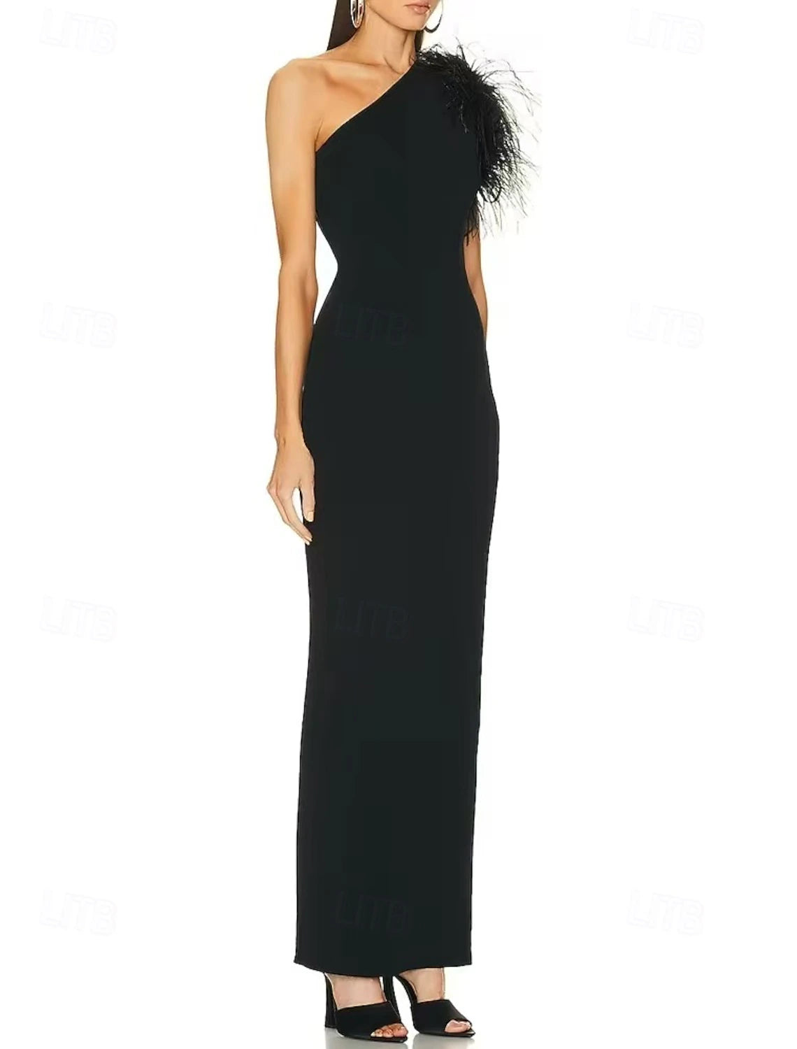 Sheath / Column Evening Gown Elegant Dress Evening Party Black Tie Gala Ankle Length Sleeveless One Shoulder Wednesday Addams Family Cotton Blend Backless with Feather Slit
