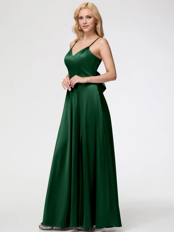 Dark Green Prom Dresses A-Line V-Neck Spaghetti Straps Sleeveless Stretch Satin Prom Dresses