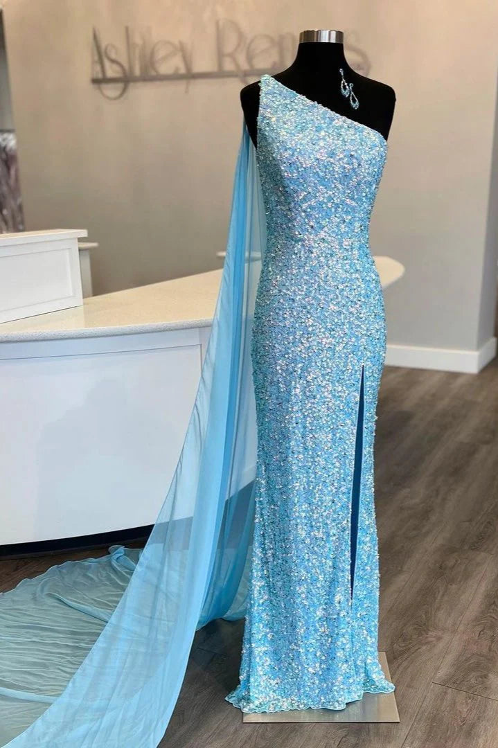 Sparkly Mermaid One Shoulder Blue Sequins Prom Dresses with Slit