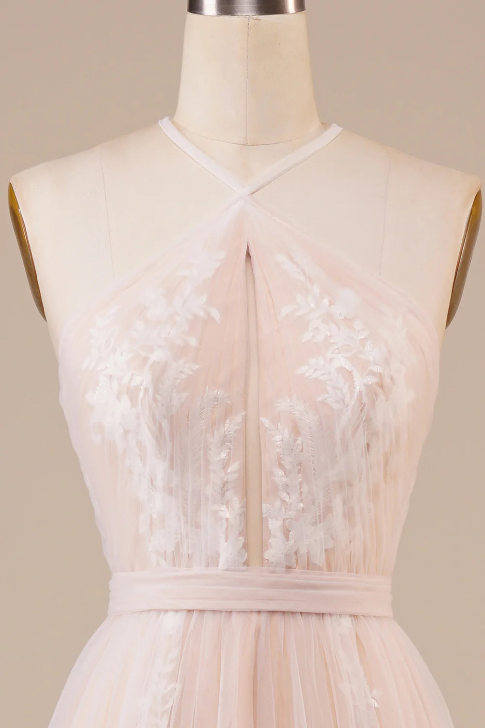 A Line Halter Sweep Train Tulle Wedding Dress with Lace