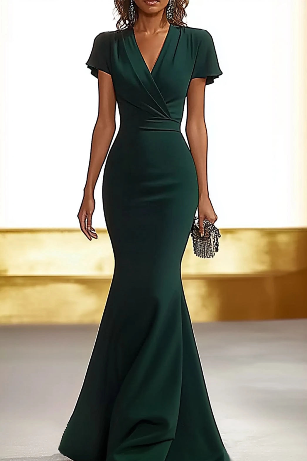 Formal Deep Green Dress V-Neck Flutter Sleeves Sheath Maxi Dress Mother of the Bride Dress