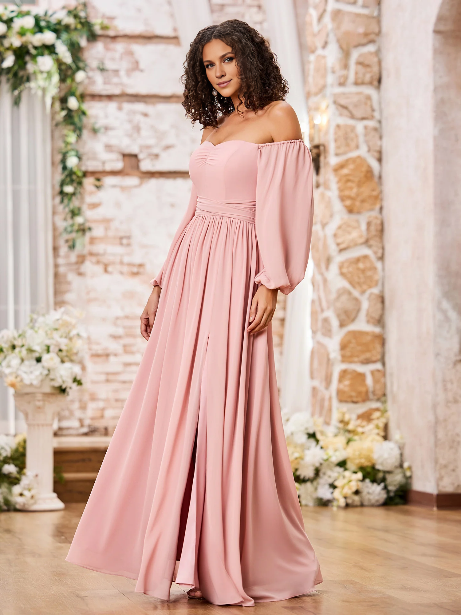 Flutter Sleeves Ruched Chiffon Dress with Sash Dusty Rose Simple gentle atmospheric and unique design