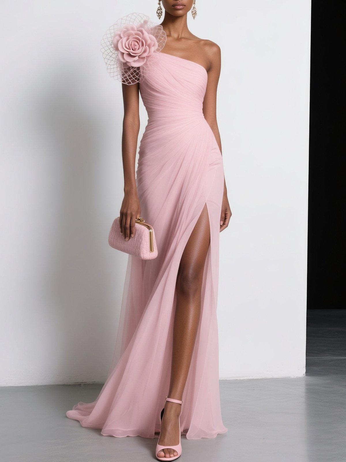 Pink Chiffon 3D Floral Slit One Shoulder Sleeveless Sheath Gown Dress