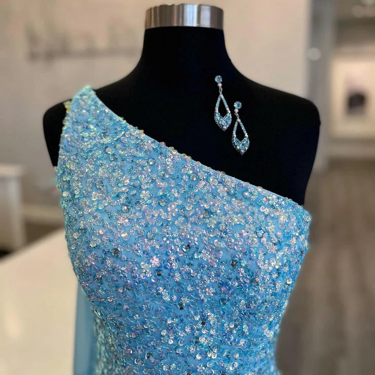 Sparkly Mermaid One Shoulder Blue Sequins Prom Dresses with Slit