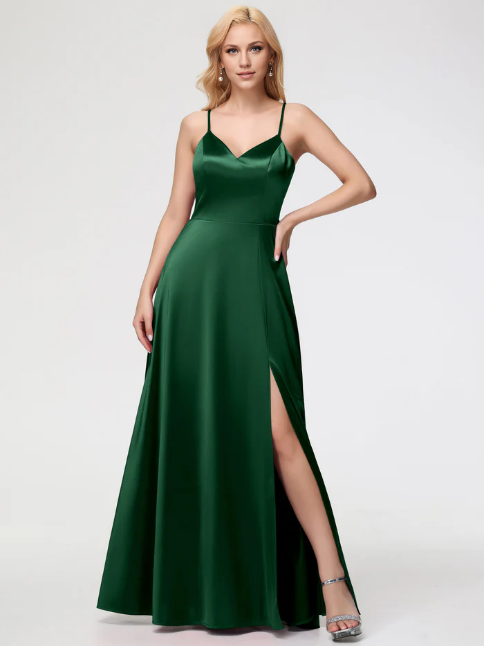 Dark Green Prom Dresses A-Line V-Neck Spaghetti Straps Sleeveless Stretch Satin Prom Dresses