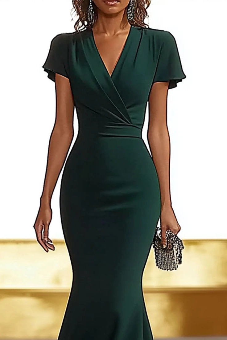 Formal Deep Green Dress V-Neck Flutter Sleeves Sheath Maxi Dress Mother of the Bride Dress