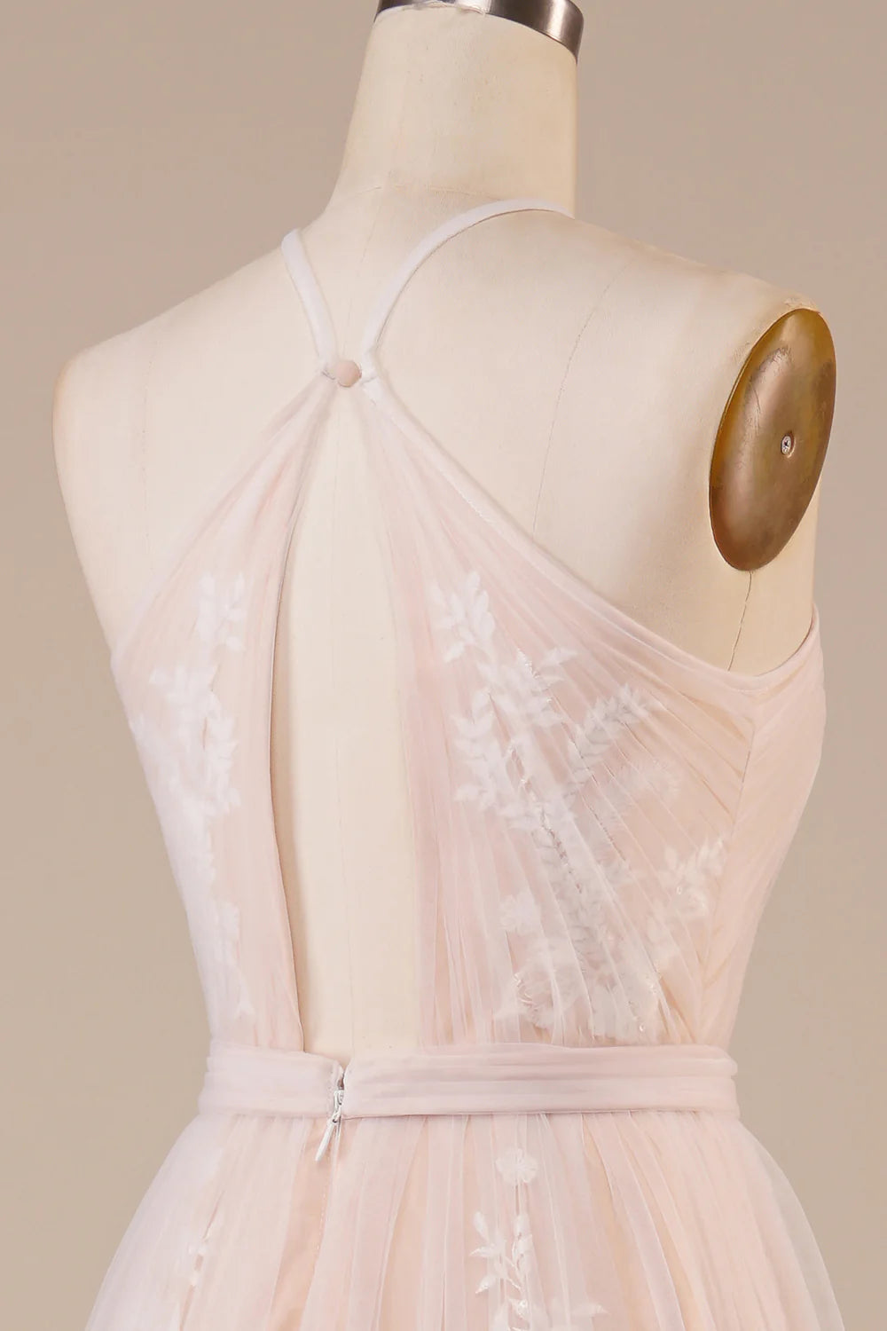 A Line Halter Sweep Train Tulle Wedding Dress with Lace