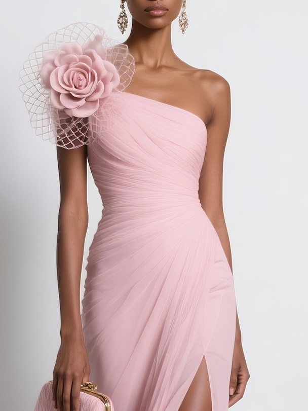 Pink Chiffon 3D Floral Slit One Shoulder Sleeveless Sheath Gown Dress
