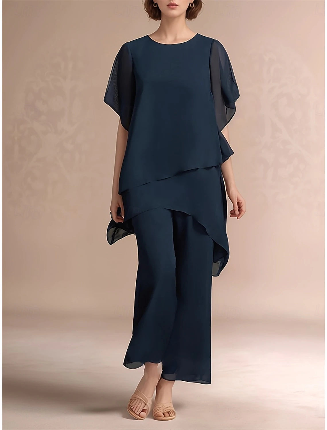 Pantsuit Mother of the Bride Dress Elegant Shirt Collar Asymmetrical Chiffon Short Sleeve with Solid Color